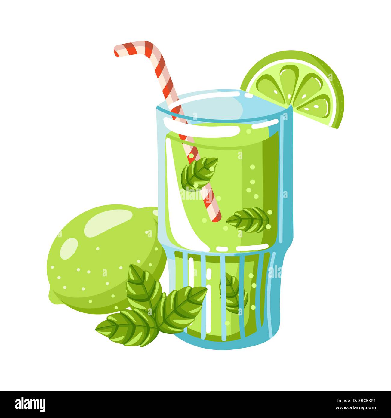 Illustrazione vettoriale isolata di cocktail di agrumi con foglie di lime e menta in stile piatto Illustrazione Vettoriale