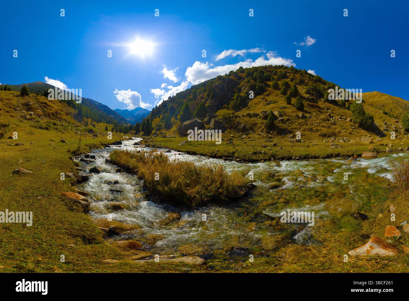 Mountain River Cascading Over Rocks nella soleggiata Valle Foto Stock