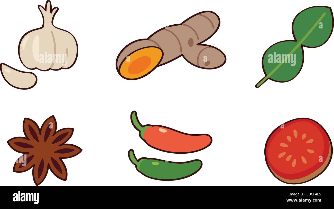 Una raccolta di ingredienti asiatici comuni, tra cui aglio, galangal o zenzero, foglie di calce kaffir, anice stellato, peperoncini e un pomodoro. Illustrazione Vettoriale
