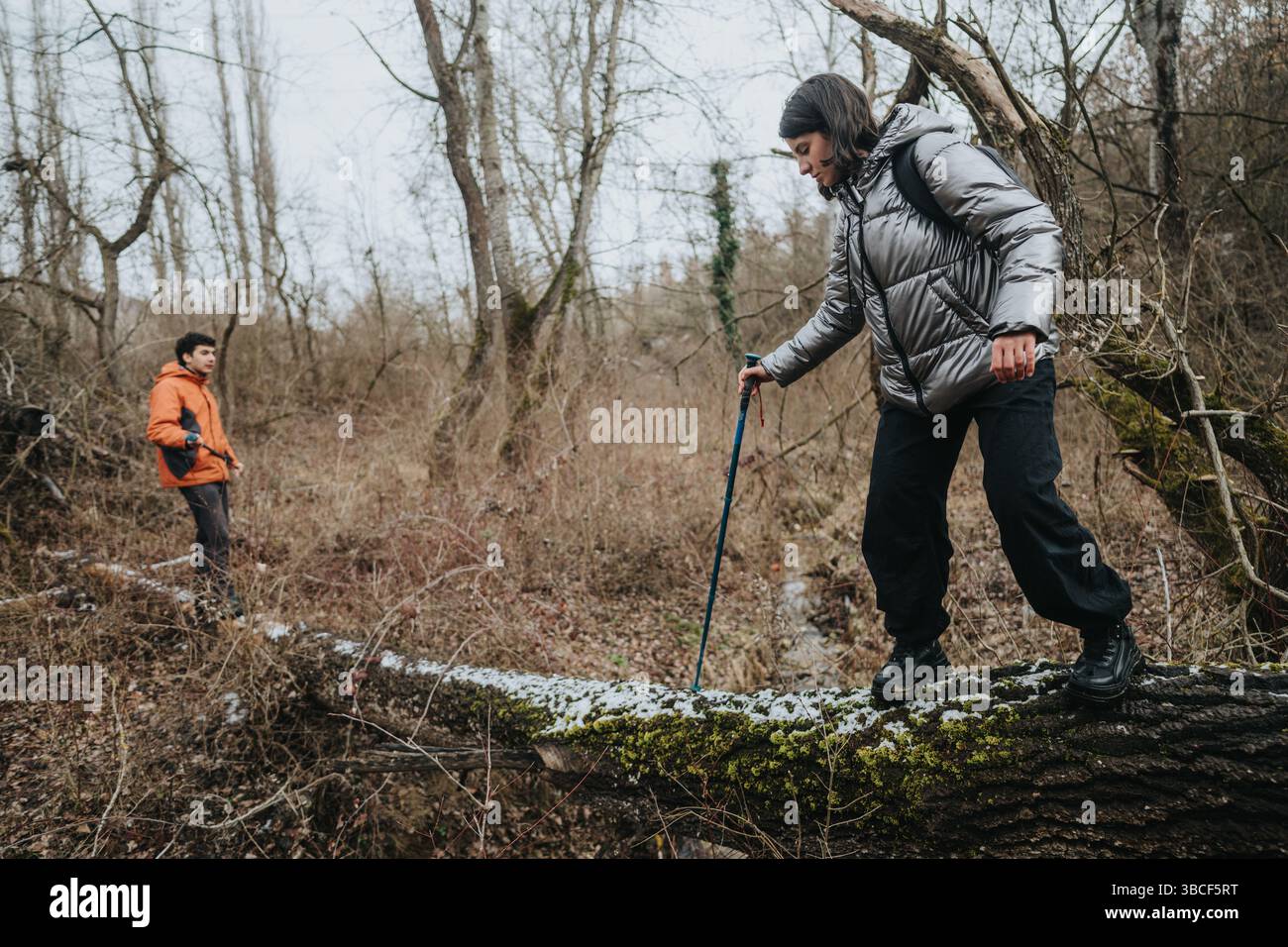 Due persone esplorano una foresta in una giornata fredda, attraversano un tronco di muschio con uno che si sostiene con un bastone da passeggio Foto Stock