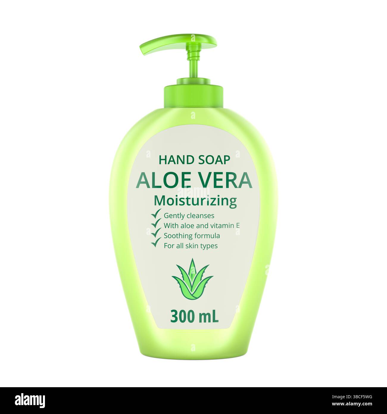 Bottiglia di sapone per le mani, Aloe vera con dispenser a pompa. Rendering 3D isolato su sfondo bianco Foto Stock