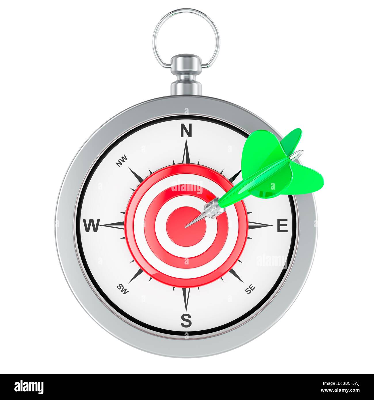 Bussola con bersaglio Bullseye e Freccia. Concetto di concentrazione, precisione, direzione strategica, obiettivi e raggiungimento. Rendering 3D isolato su sfondo bianco Foto Stock