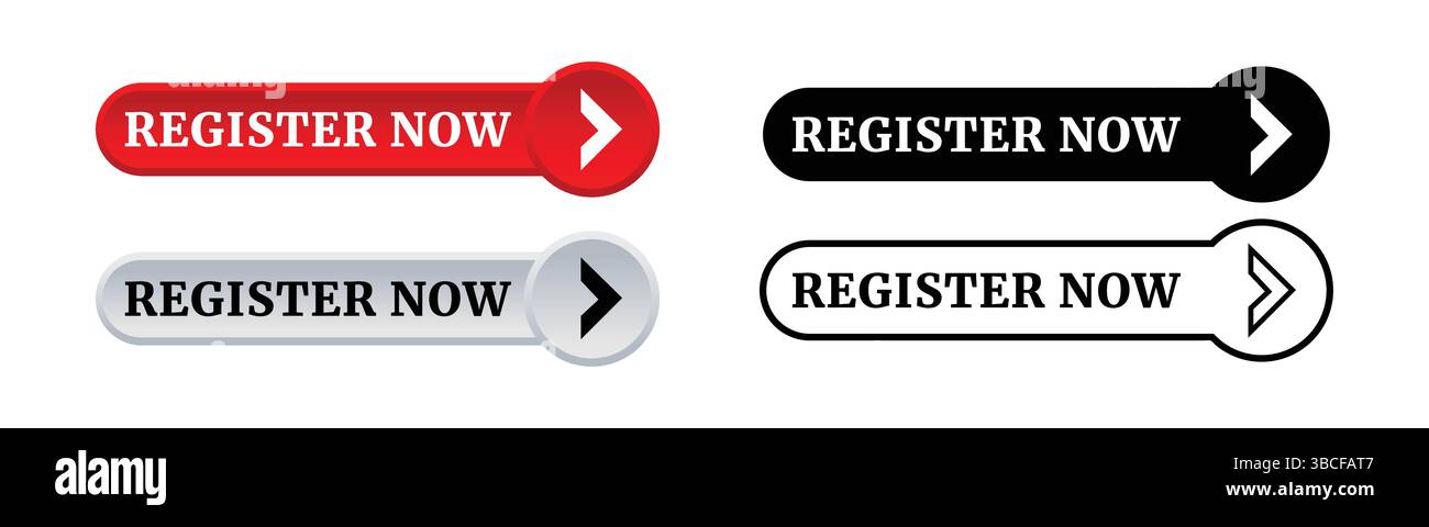 Icone dei pulsanti "registrati ora": Etichette Call-to-Action (CTA) in stile rosso, nero, argento e contorno Illustrazione Vettoriale
