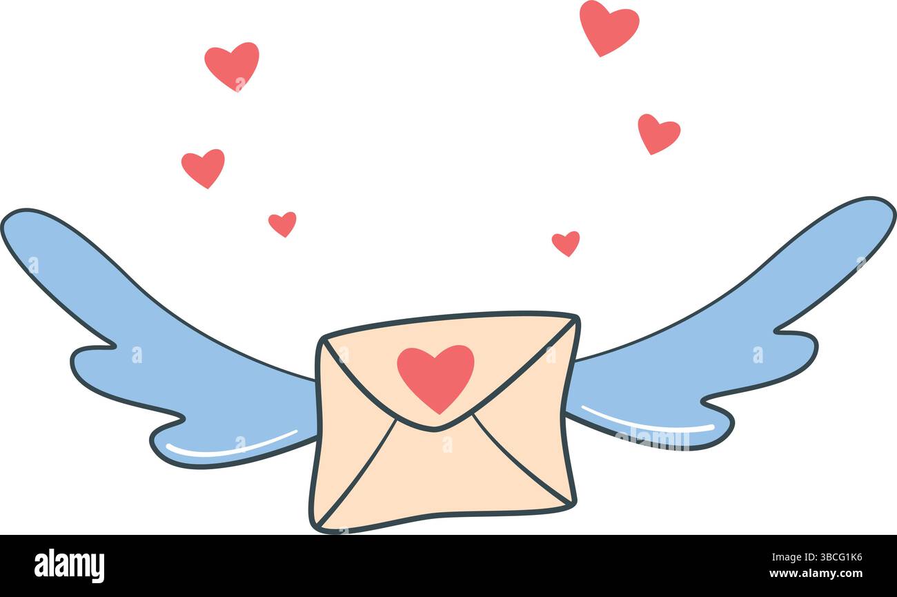 Lettere volanti sulle ali circondate da cuori clip art. Messaggio d'amore per san valentino o per il matrimonio. Carino segno del messaggio d'amore, elemento vettoriale Illustrazione Vettoriale