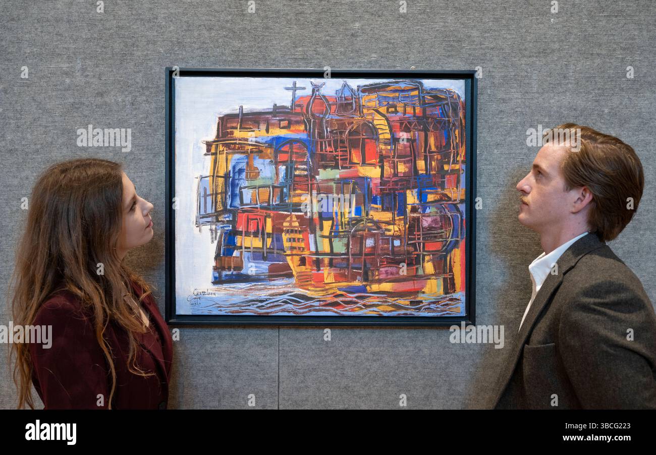 Bonhams, Londra, Regno Unito. 20 maggio 2025. La vendita di arte mediorientale moderna e contemporanea si svolge il 21 maggio. Le attrazioni principali includono: Gazbia Sirry (Egitto, 1925-2021). Case galleggianti sul Nilo, stimate £ 25.000-50.000. Crediti: Malcolm Park/Alamy Live News Foto Stock