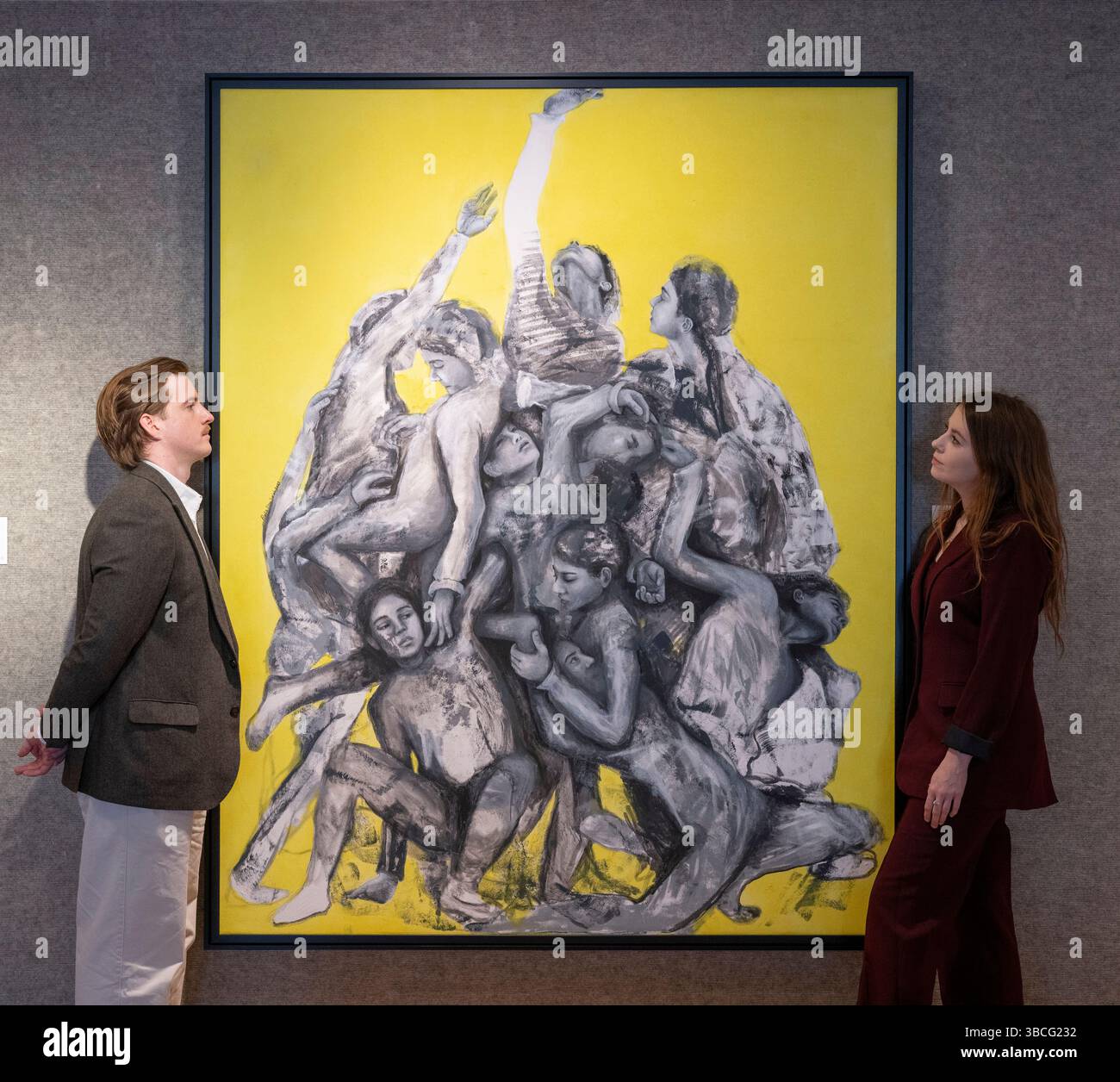 Bonhams, Londra, Regno Unito. 20 maggio 2025. La vendita di arte mediorientale moderna e contemporanea si svolge il 21 maggio. Le attrazioni principali includono: Rula Abu Saleh (nata in Siria nel 1983). Sofferenza, stimate tra 000 e 000 sterline. Crediti: Malcolm Park/Alamy Live News Foto Stock