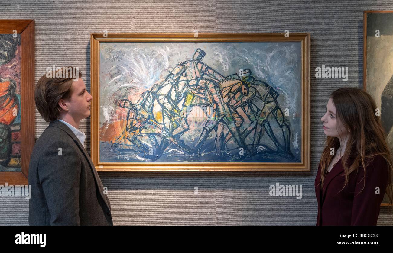 Bonhams, Londra, Regno Unito. 20 maggio 2025. La vendita di arte mediorientale moderna e contemporanea si svolge il 21 maggio. Le attrazioni principali includono: Mohanna al-dura (Giordania, 1938-2021). I laburisti stimano 6.000-10.000. Crediti: Malcolm Park/Alamy Live News Foto Stock