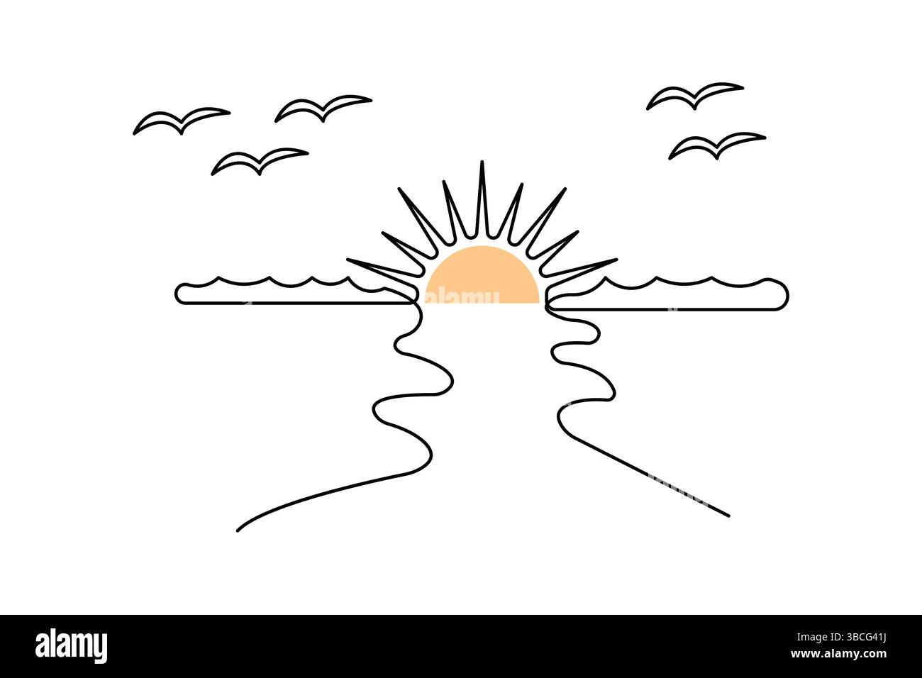 Disegno di una linea continuo di tramonto e nuvola con design minimalista vettoriale Illustrazione Vettoriale