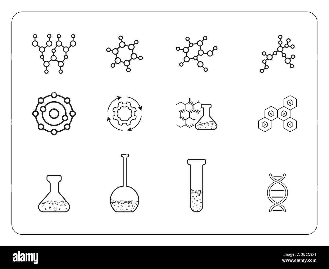 Icone di contorno del tratto modificabili relative a scienza e chimica impostate su un'illustrazione vettoriale piatta su sfondo bianco. Illustrazione Vettoriale