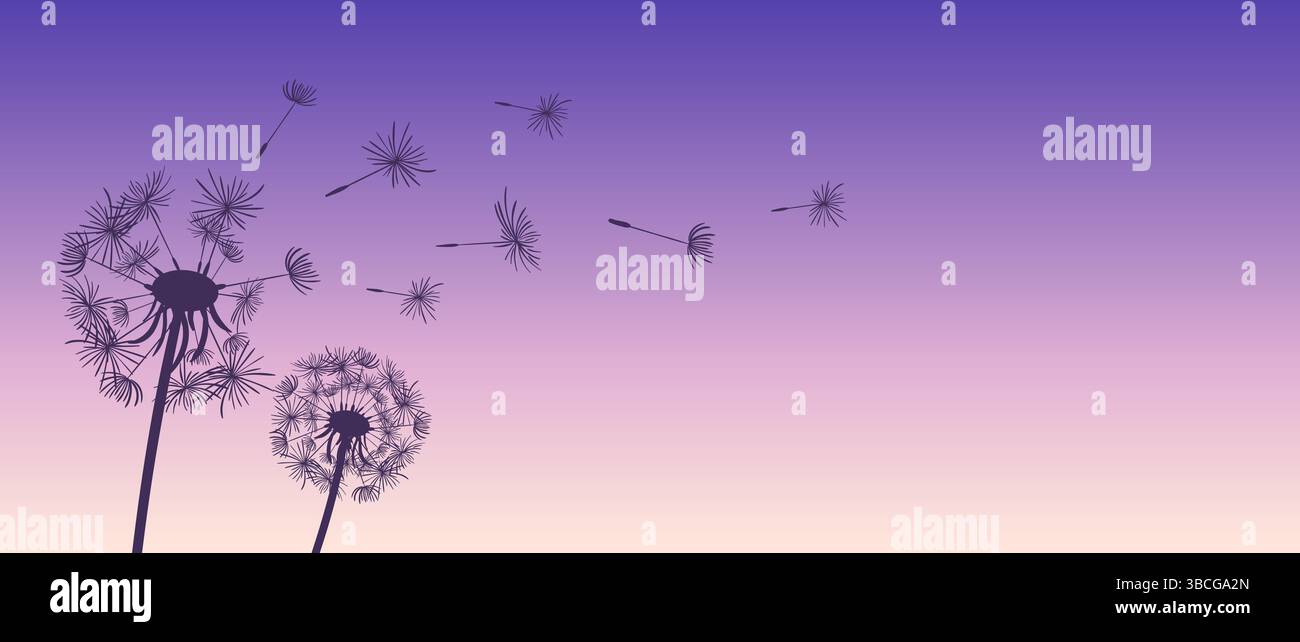 Lo sfondo orizzontale presenta sagome di leoni e semi fluttuanti che si affacciano su un tramonto mozzafiato. I colori caldi creano un'atmosfera serena Illustrazione Vettoriale