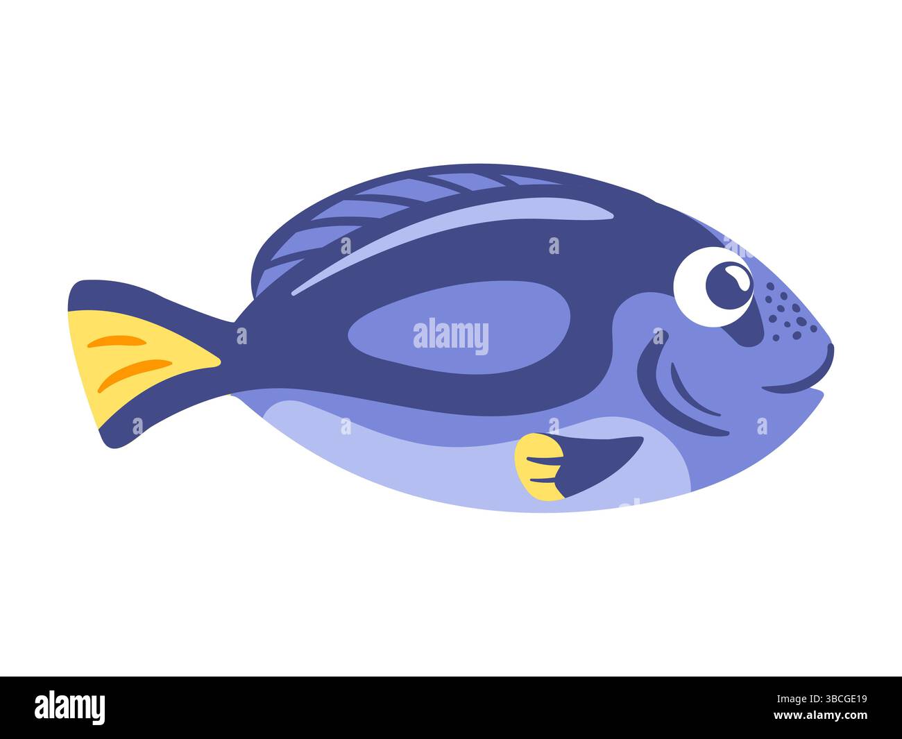 le illustrazioni vettoriali mostrano uno splendido pesce surgeonfish blu che nuota con grazia attraverso la vibrante barriera corallina. Il suo straordinario corpo blu e l'accento giallo Illustrazione Vettoriale