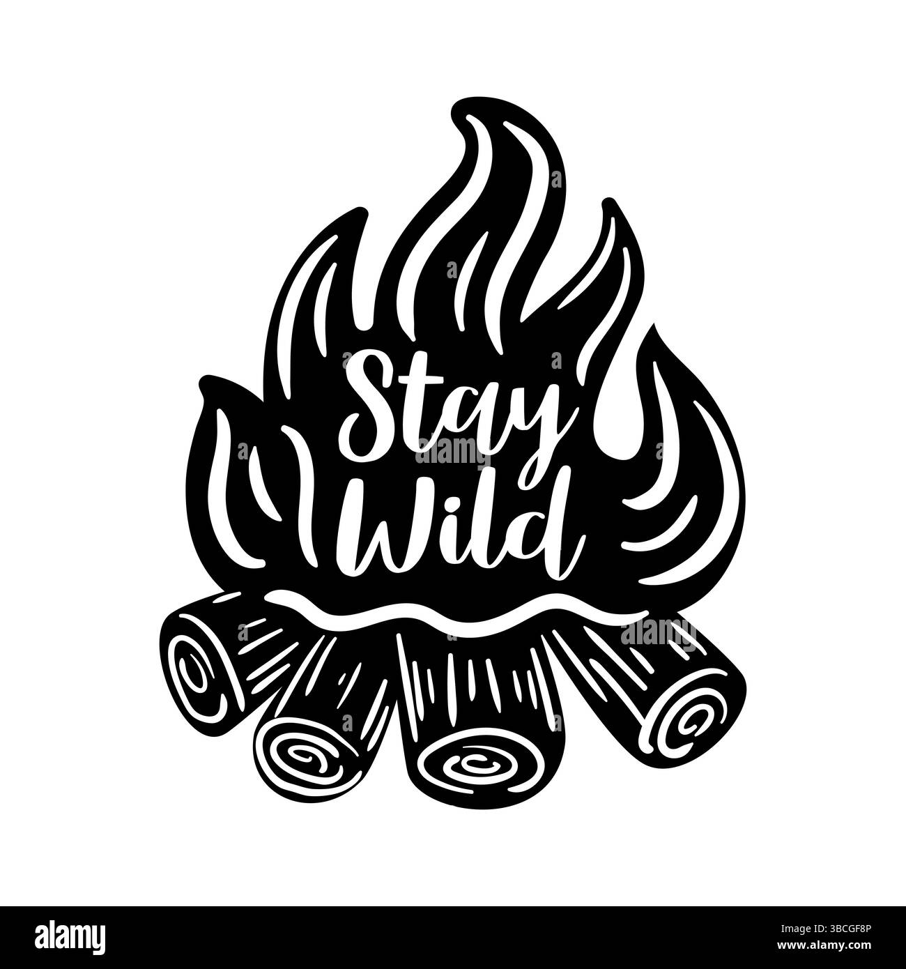 L'illustrazione vettoriale presenta un falò stilizzato, con fiamme dinamiche che ruotano per formare le parole Stay Wild. Il design cattura lo spirito dell'avventuriero Illustrazione Vettoriale