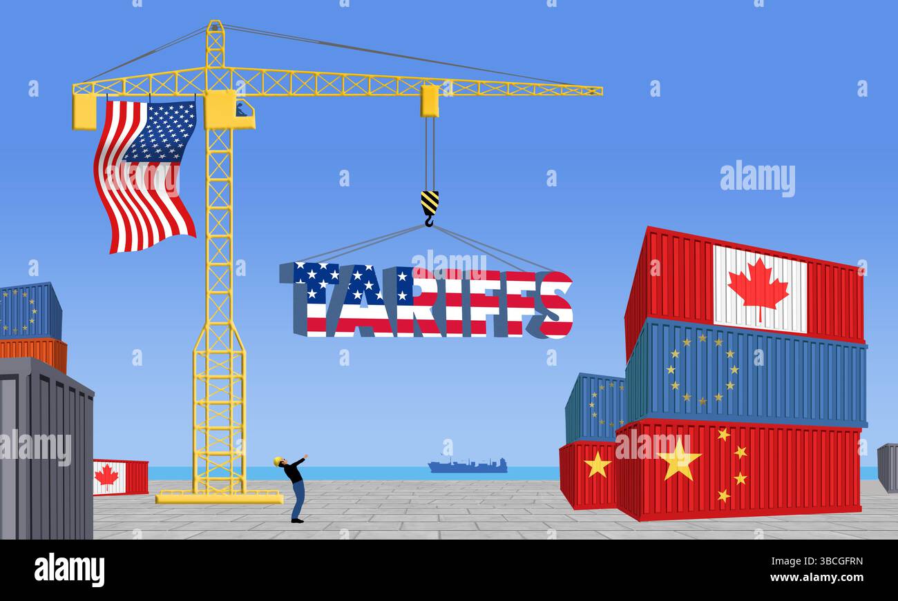Una bandiera americana, e la parola "tariffe" è applicata su una gru a torre in un porto marittimo degli Stati Uniti, mentre scarica un container dalla Cina. Container dall'UE Foto Stock
