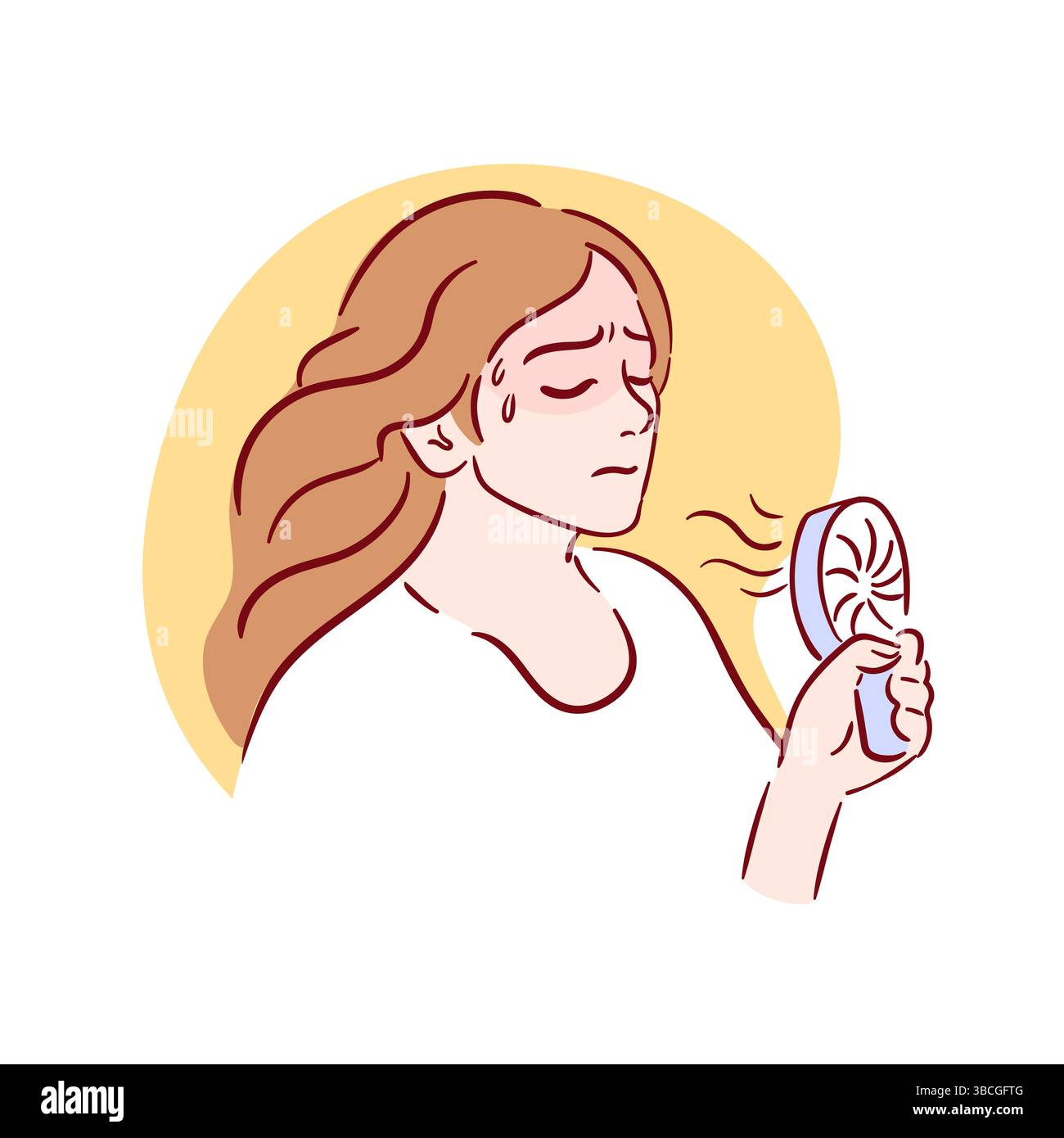Una giovane donna sta lottando con il caldo estivo, cercando sollievo con un ventilatore portatile. La sua espressione frustrata evidenzia l'intensità del calore, Illustrazione Vettoriale