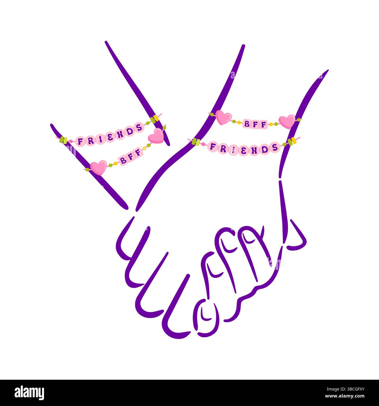 Buon giorno dell'amicizia. Un'illustrazione vettoriale che raffigura due mani che si tengono l'una con l'altra, un braccialetto fai da te. simboleggiando l'amicizia e l'unità. Illustrazione Vettoriale