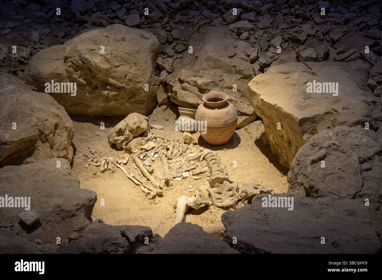 Scheletro umano e ceramica antica dal sito archeologico del Bahrein Foto Stock