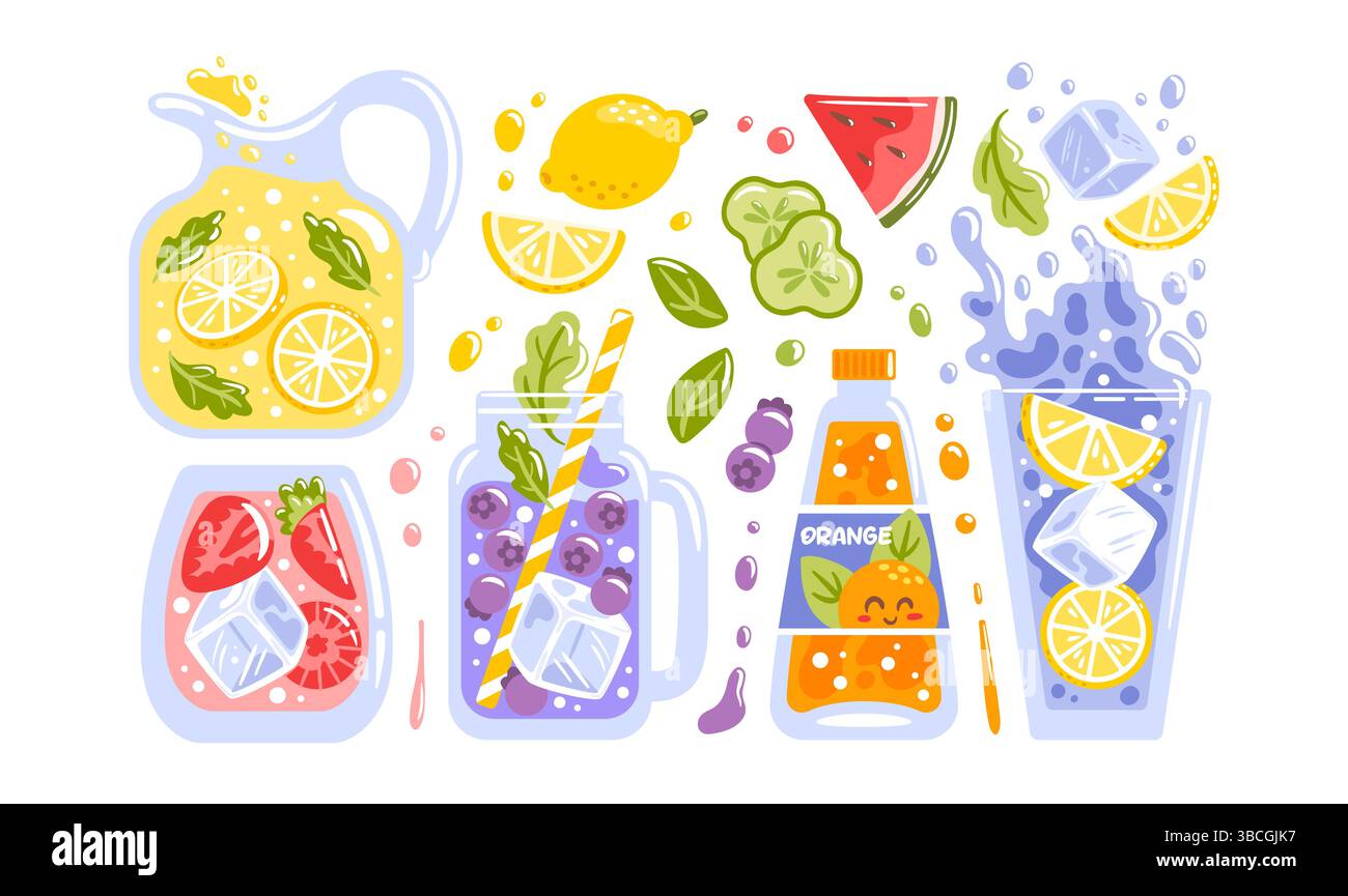Questa illustrazione vettoriale mostra una serie vibrante di limonate rinfrescanti con cubetti di ghiaccio e ingredienti colorati come limone, fragola e acqua Illustrazione Vettoriale