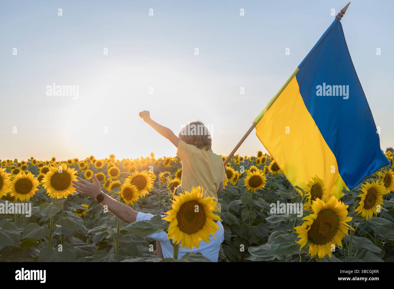 Figlio siede sulle spalle del padre con la grande bandiera dell'Ucraina in mano tra il campo di colza giallo in fiore, sole. Educazione patriottica. Orgoglio, libertà. Pace Foto Stock