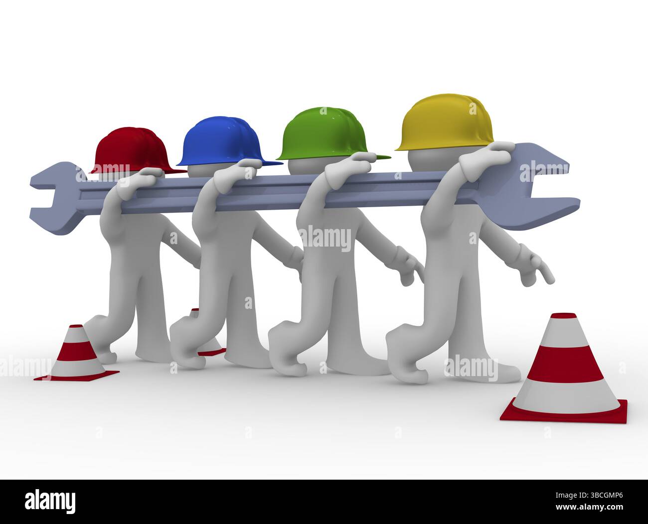 Quattro lavoratore edile con colori diversi con un wrech, il concetto di servizio di rendering 3D Foto Stock
