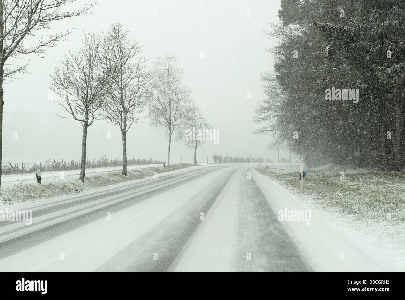 Tempesta di neve sulla strada di un paese e pericolose condizioni della strada in inverno in Svizzera Foto Stock