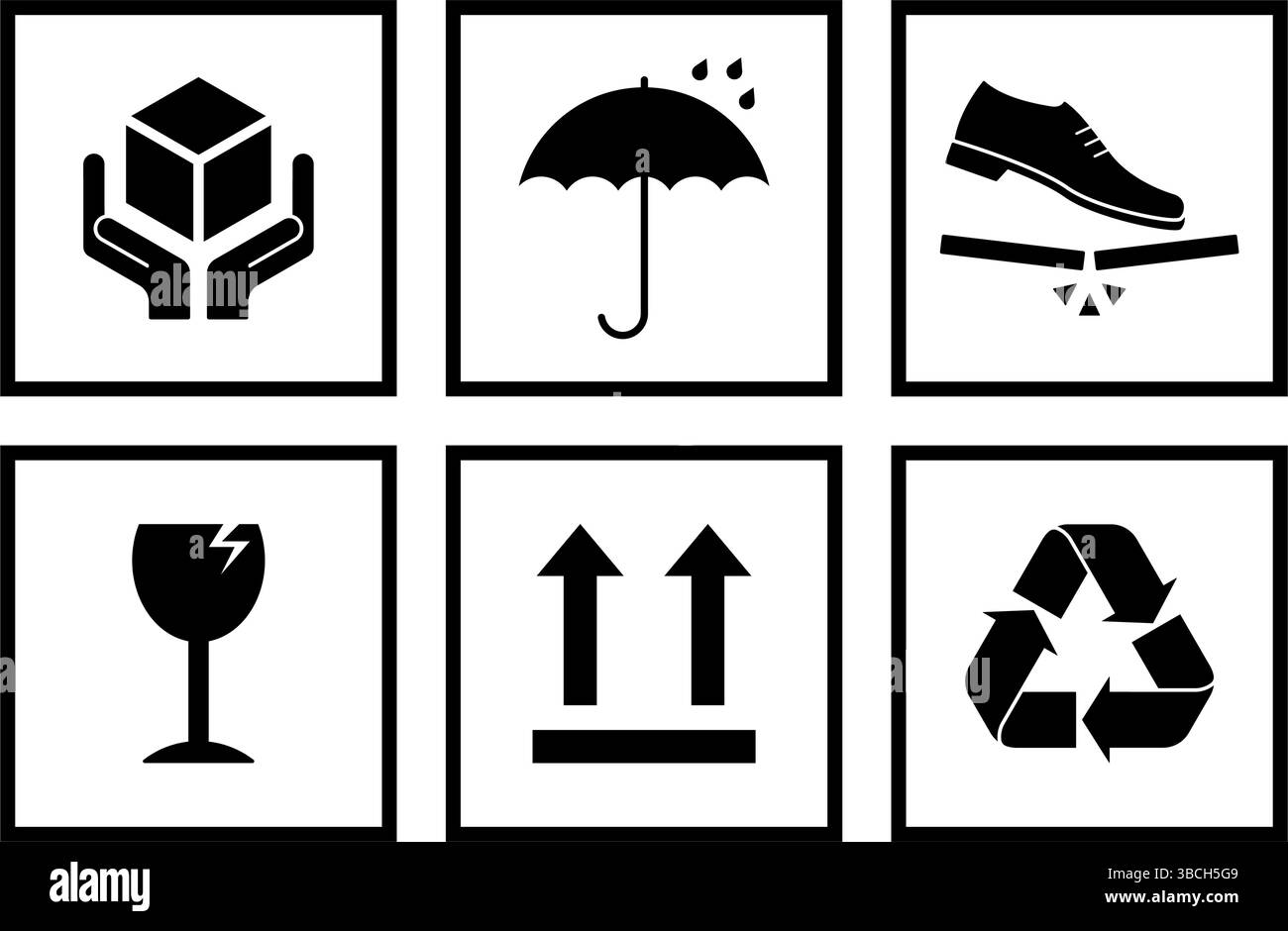 Set minimalista di simboli fragili o set di icone di imballaggio concetto di "mantenere asciutto, fragile", maneggiare con cura, verso l'alto Illustrazione Vettoriale