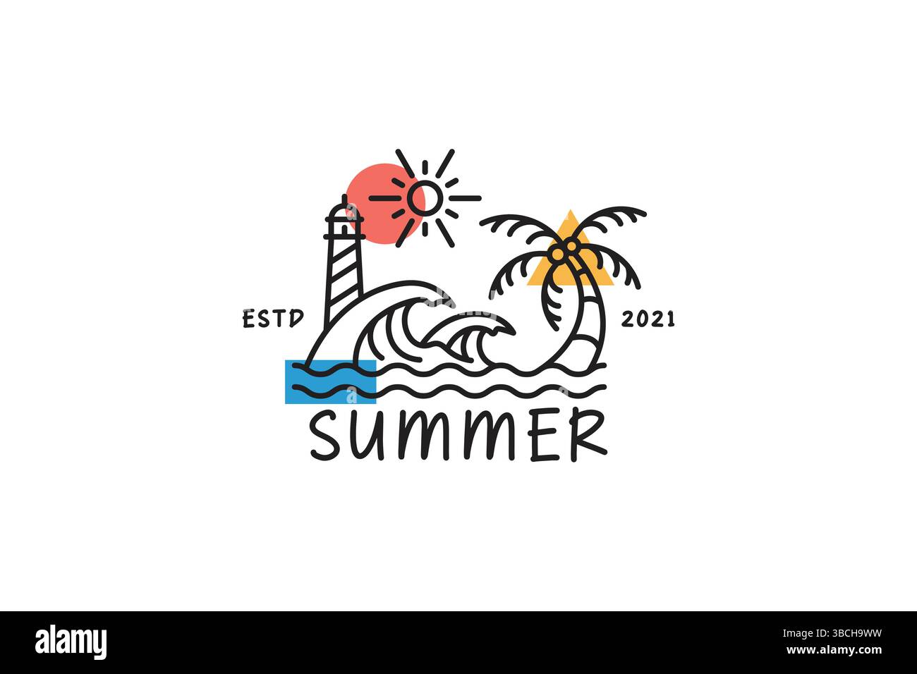 Illustrazione spiaggia al logo estivo. Wave, Ocean, Coconut Tree, Sun, Lighthouse. Illustrazione Vettoriale