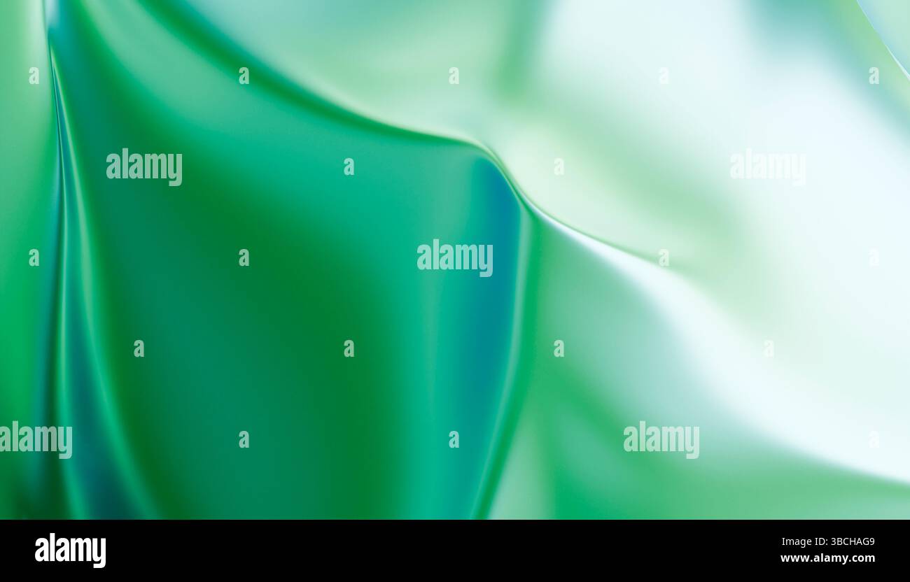 Tessuto in raso bianco e verde astratto con curve morbide e riflessi di luce. Illustrazione del frullatore Foto Stock