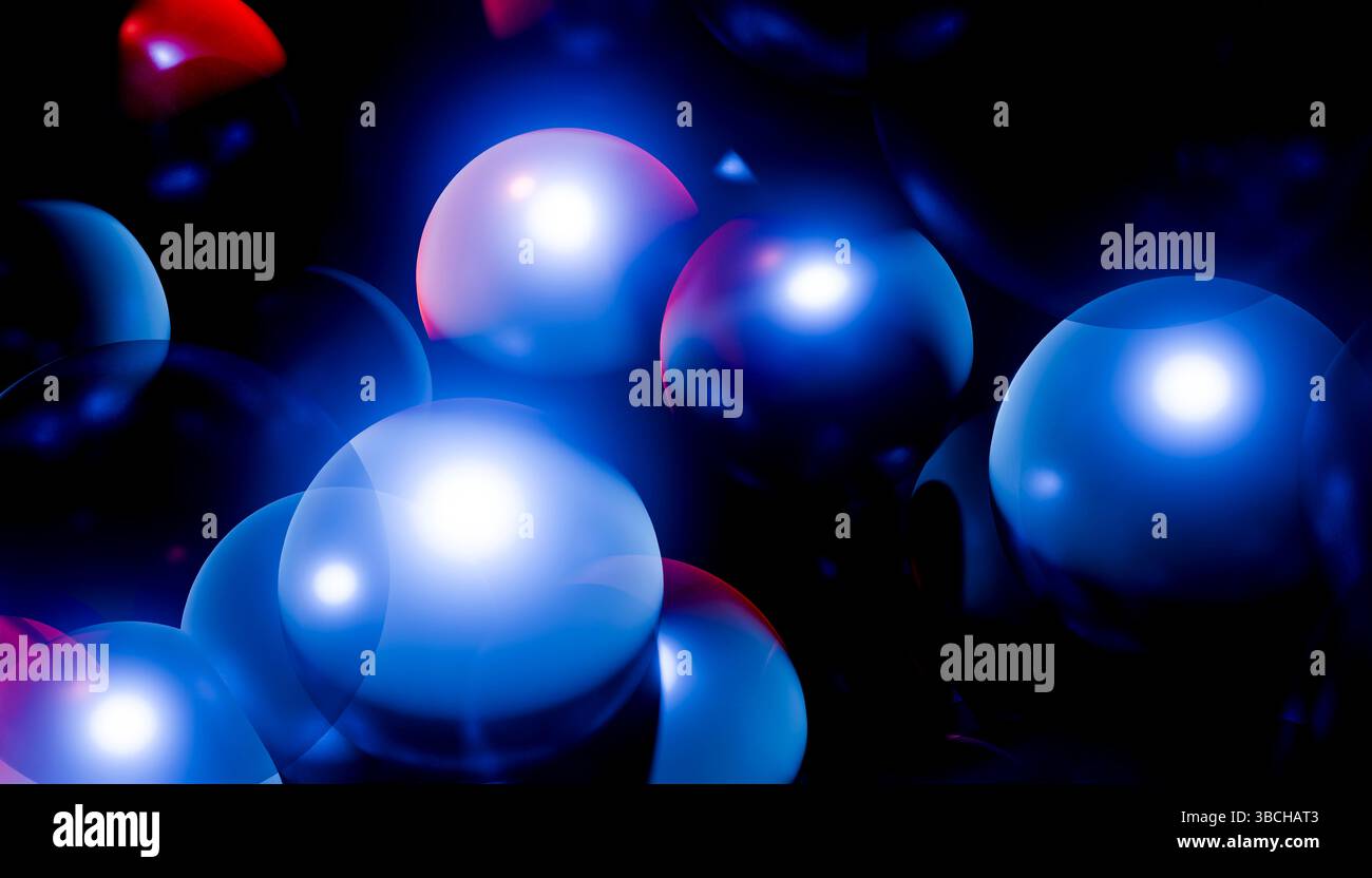 Le sfere blu e rosse brillanti creano una composizione astratta dinamica su uno sfondo scuro. Illustrazione del frullatore Foto Stock