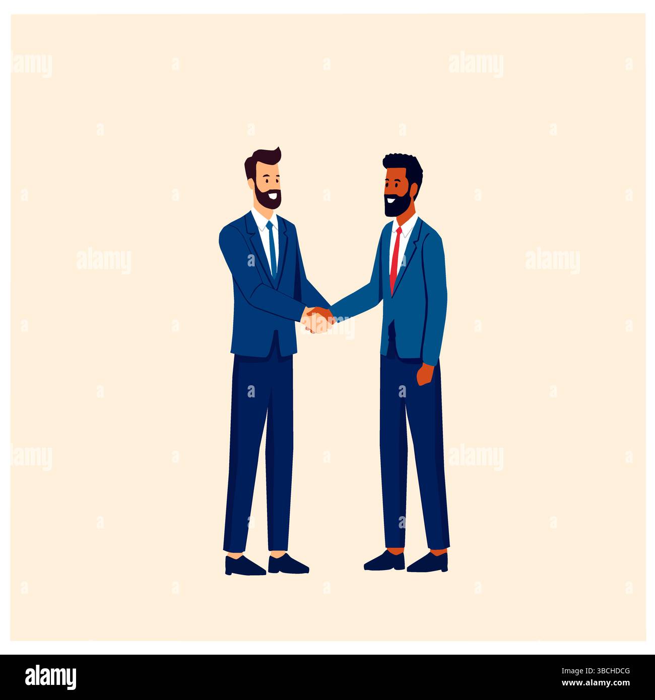 Illustrazione vettoriale di due uomini d'affari che stringono la mano. Rappresenta un accordo, una cooperazione o la conclusione di un accordo. Stile piatto, sfondo chiaro, ideale per Illustrazione Vettoriale