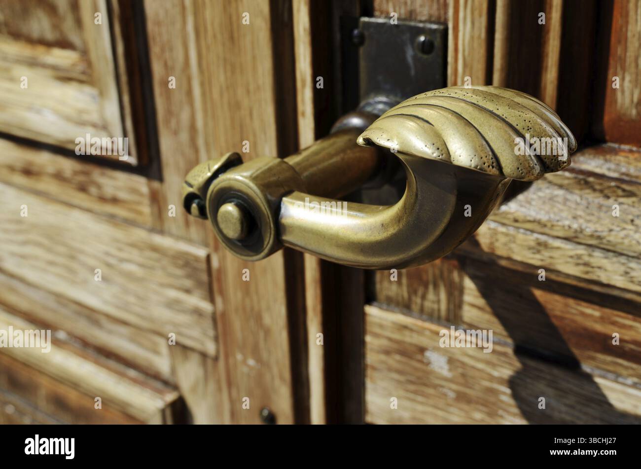 Primo piano di un pomello della porta in rame e di una porta in legno Foto Stock