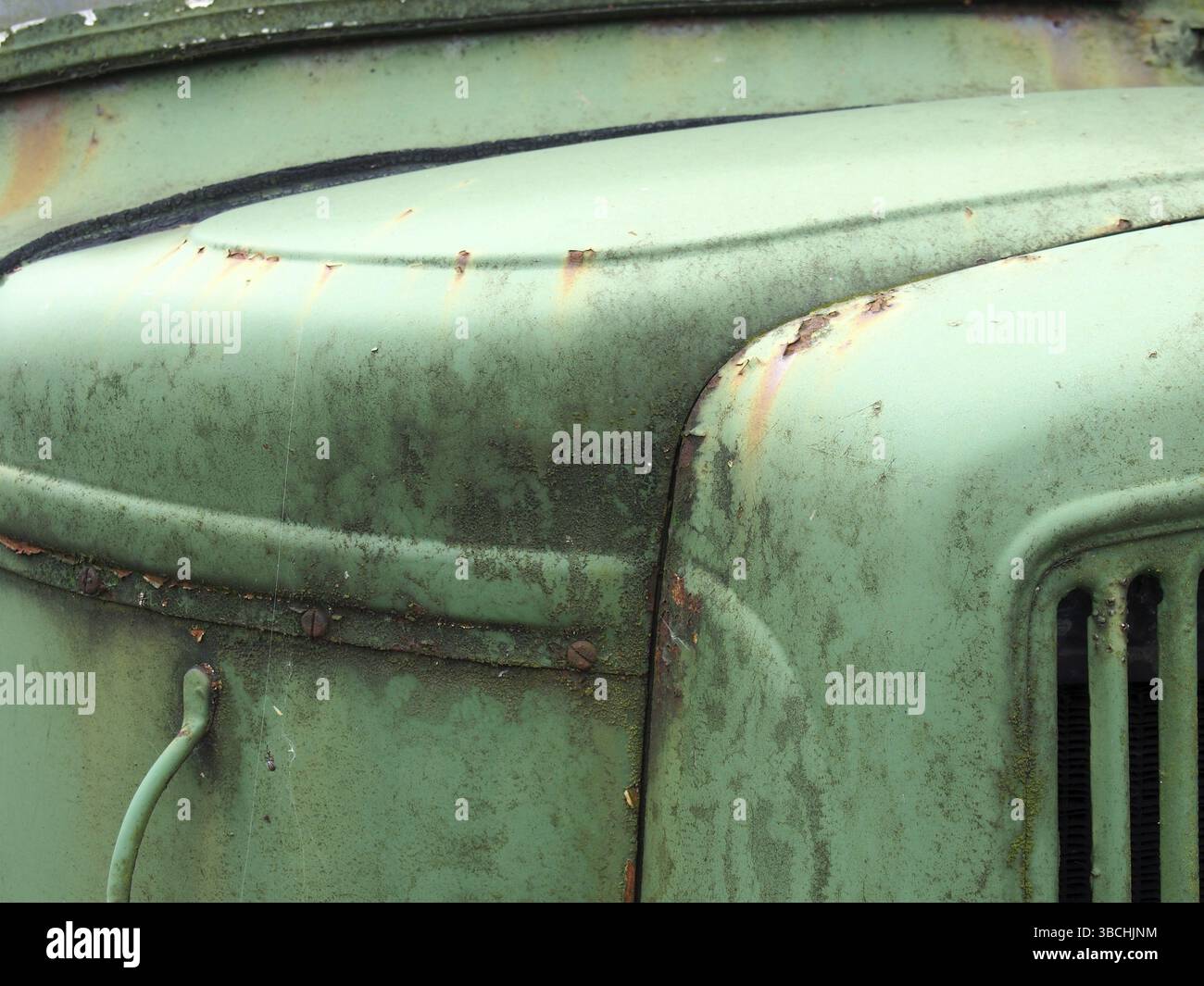 Dettaglio del cofano di un antico camion verde abbandonato Foto Stock