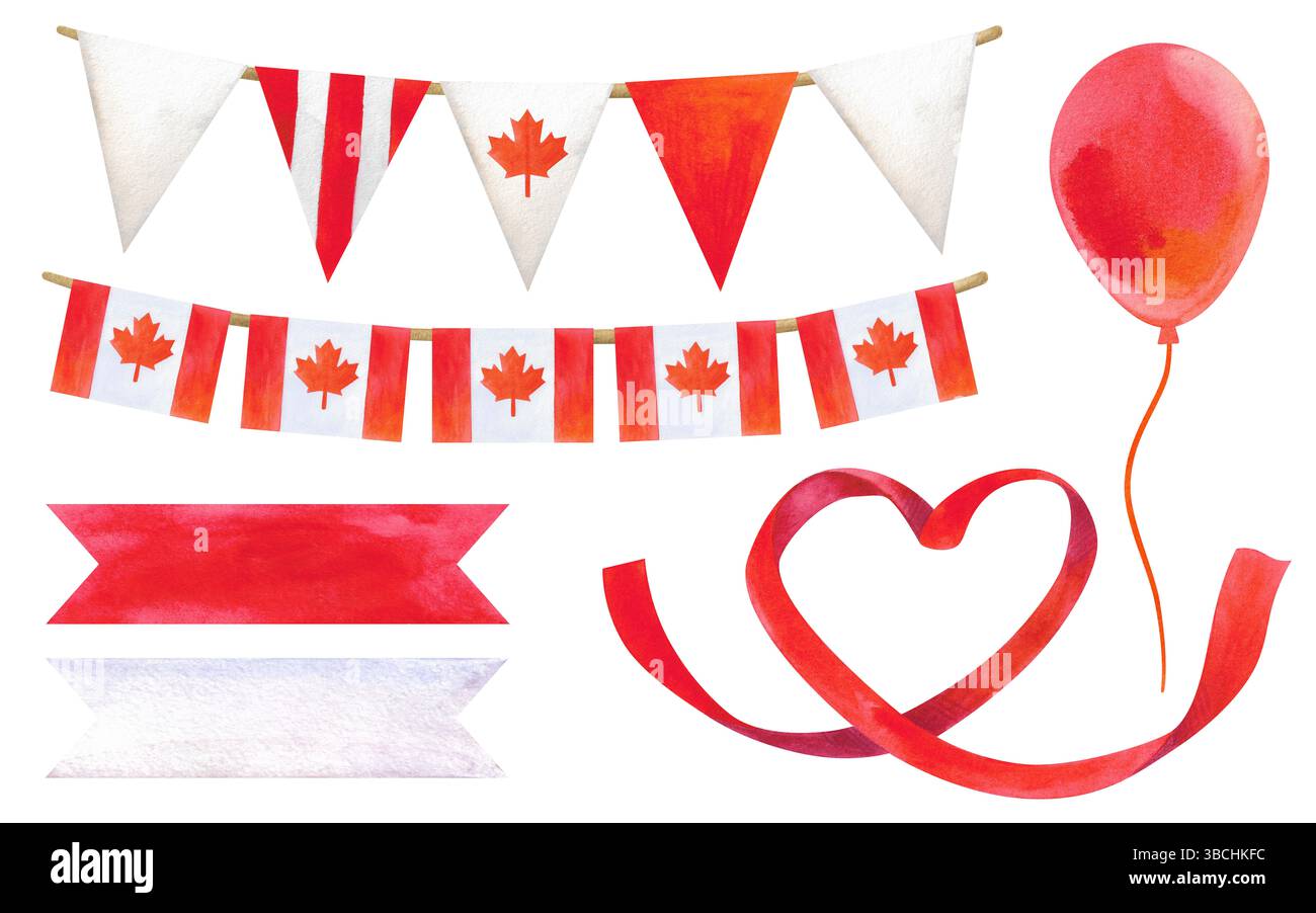 Collezione festiva di elementi del Canada Day. Cuori con bandiere canadesi, foglie d'acero, nastri e ghirlande festose in rosso e bianco. Dipinto a mano Foto Stock