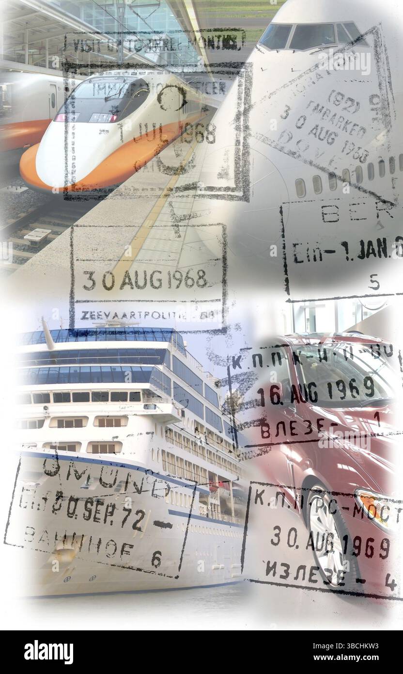 Immagine di viaggio con quattro modi di trasporto e di vecchi francobolli visa Foto Stock