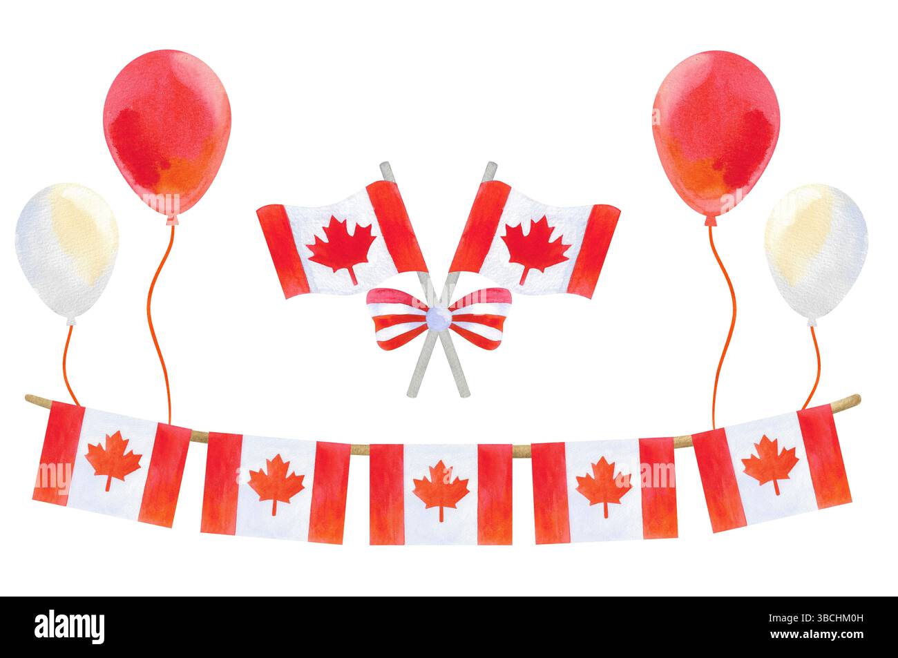 Collezione festiva di elementi del Canada Day. Cuori con bandiere canadesi, foglie d'acero, nastri e ghirlande festose in rosso e bianco. Dipinto a mano Foto Stock