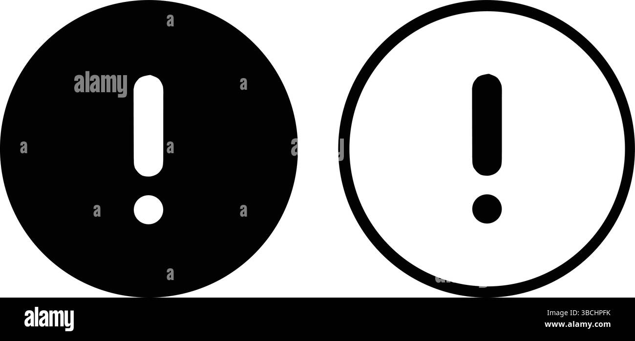 Sagoma di due punti esclamativi, uno in un cerchio nero pieno e l'altro in un cerchio bianco con bordo nero Illustrazione Vettoriale