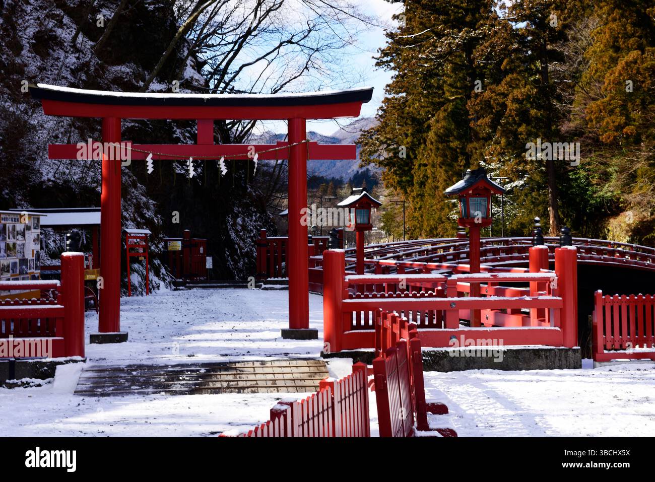 Porta torii rossa con ponte Shinkyo rosso in legno, il famoso punto di riferimento del Parco Nazionale di Nikko, Tochigi, Giappone, Asia. Foto Stock