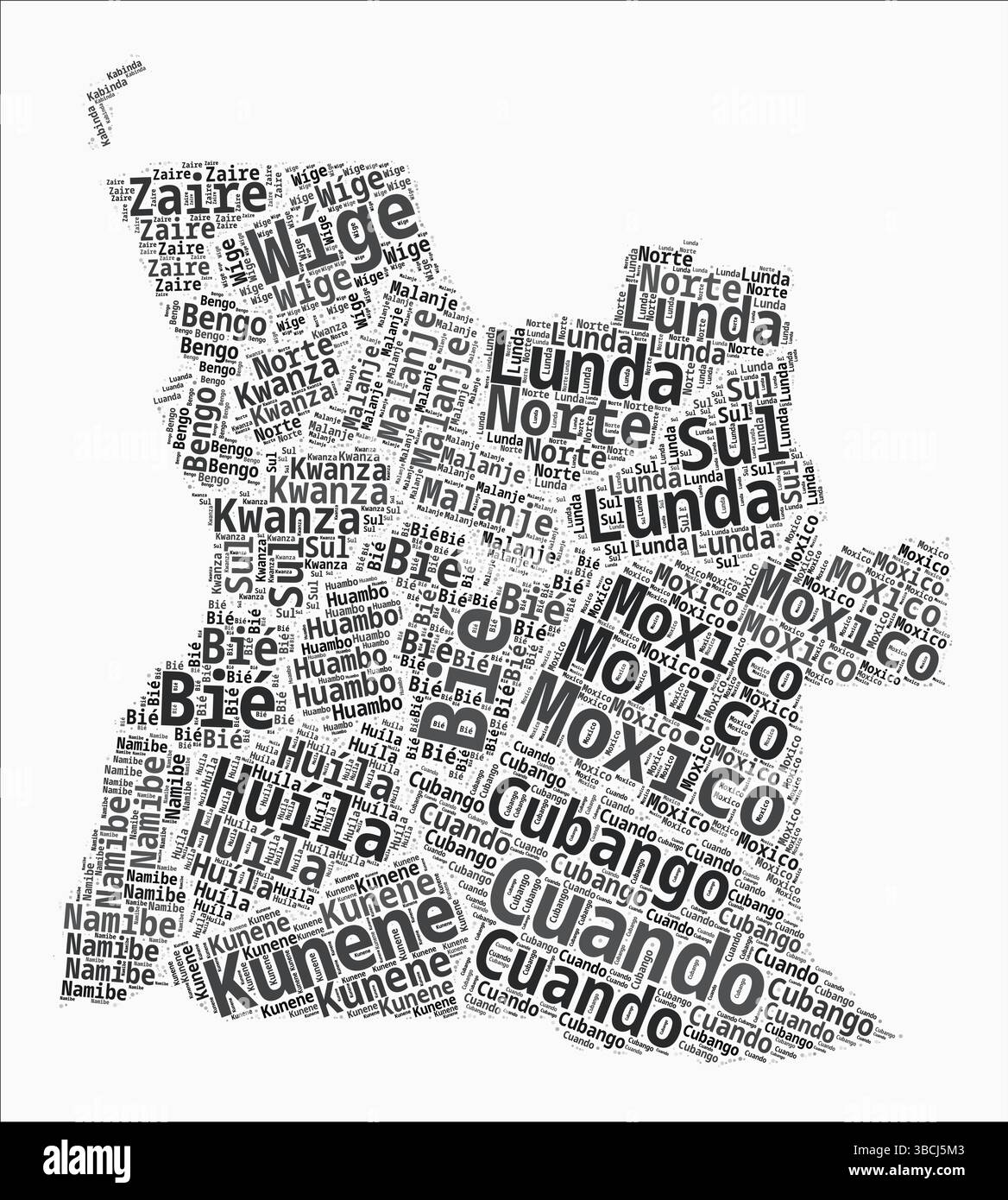 Regioni stile testo Angola. La regione del paese nomina nuvole di parole in lingua portoghese. Incredibile illustrazione vettoriale. Illustrazione Vettoriale