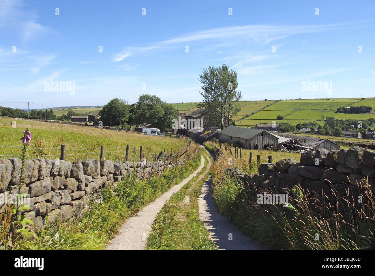 Stretta strada di campagna che scende da una collina nella panoramica campagna dello yorkshire occidentale vicino al villaggio di colden a calderdale, nello yorkshire occidentale Foto Stock