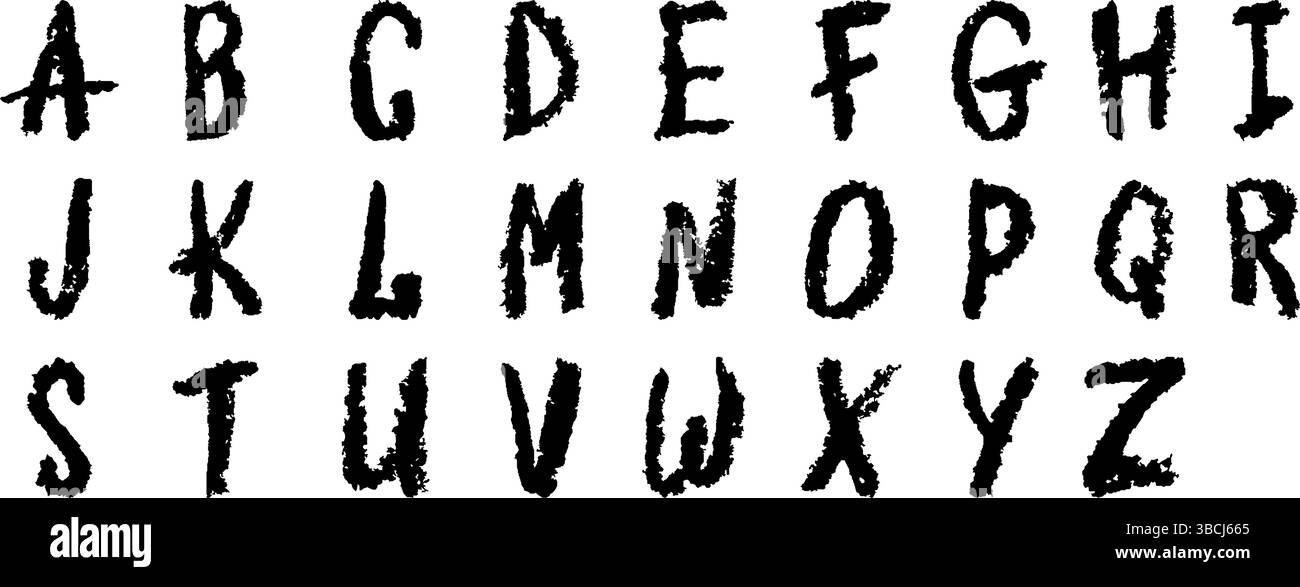 Alfabeto inglese disegnato a mano in un pastello. Lettere maiuscole/nere in stile gesso, pastello o cera. Effetto evidenziatore sulla lavagna bianca per l'asilo Illustrazione Vettoriale