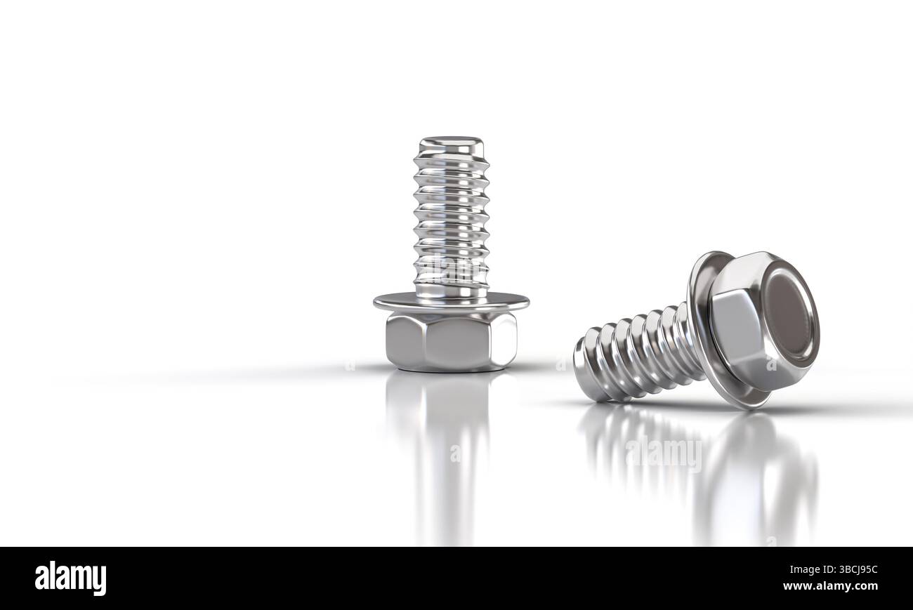 Viti cromate appoggiate e posizionate su una superficie riflettente bianca 3d. Foto Stock