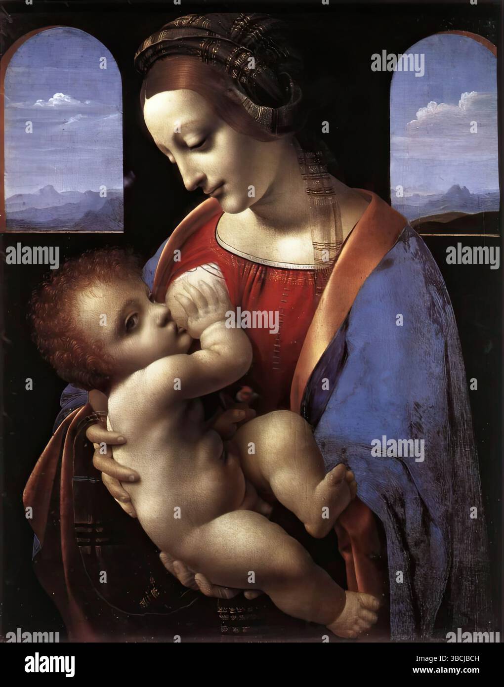 LEONARDO da Vinci (1452, Vinci, 1519, Cloux, vicino Amboise) Madonna Litta c. 1490-91 Tempera su tela, trasferita da pannello, 42 x 33 cm l'eremo, San Pietroburgo questo dipinto fu completato prima che Leonardo si trasferisse a Firenze nel 1500 e in un momento in cui stava sperimentando diversi mezzi. L'attribuzione a Leonardo è discussa anche se i disegni preparatori al Louvre dimostrano che ha partecipato direttamente alla progettazione del quadro. --- parole chiave: --------------- Autore: LEONARDO da Vinci titolo: Madonna Litta Time-line: 1451-1500 Scuola: Itali Foto Stock