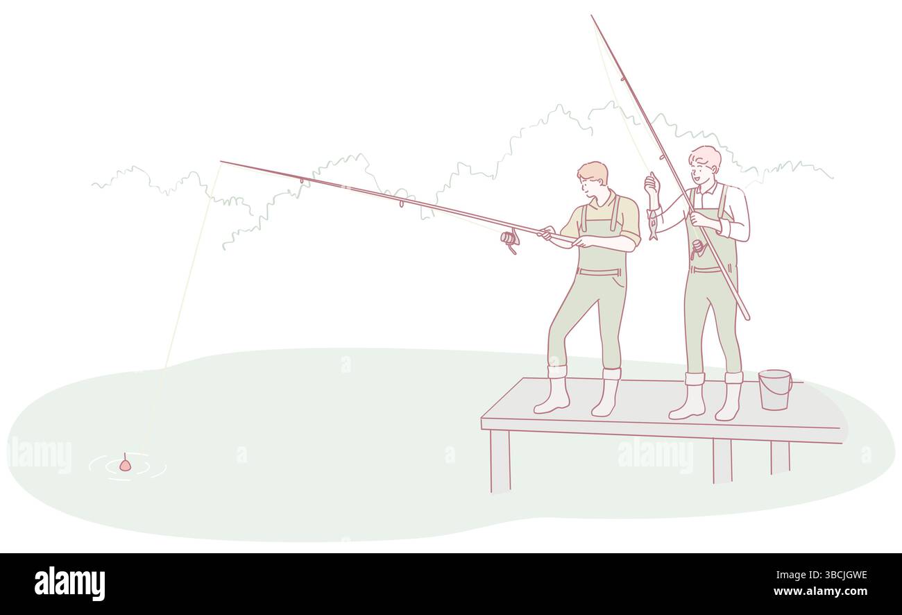Due amici trascorrono una giornata di pesca in un tranquillo molo, apprezzando la natura e la loro amicizia Illustrazione Vettoriale