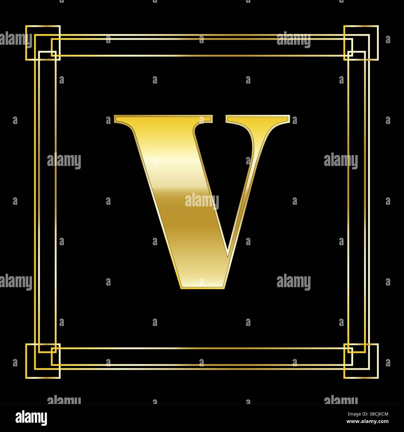 Design con logo Letter V con ornamento quadrato, design dorato di lusso, illustrazione vettoriale Foto Stock
