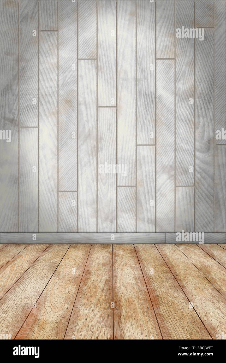Sfondo interno con pareti colorate e pavimento in pietra pavimento in legno Foto Stock