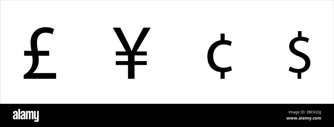 Un'immagine pulita e minimalista che mostra i simboli della sterlina, dello yen, del cent e del dollaro. Questi sono impostati su uno sfondo bianco Illustrazione Vettoriale