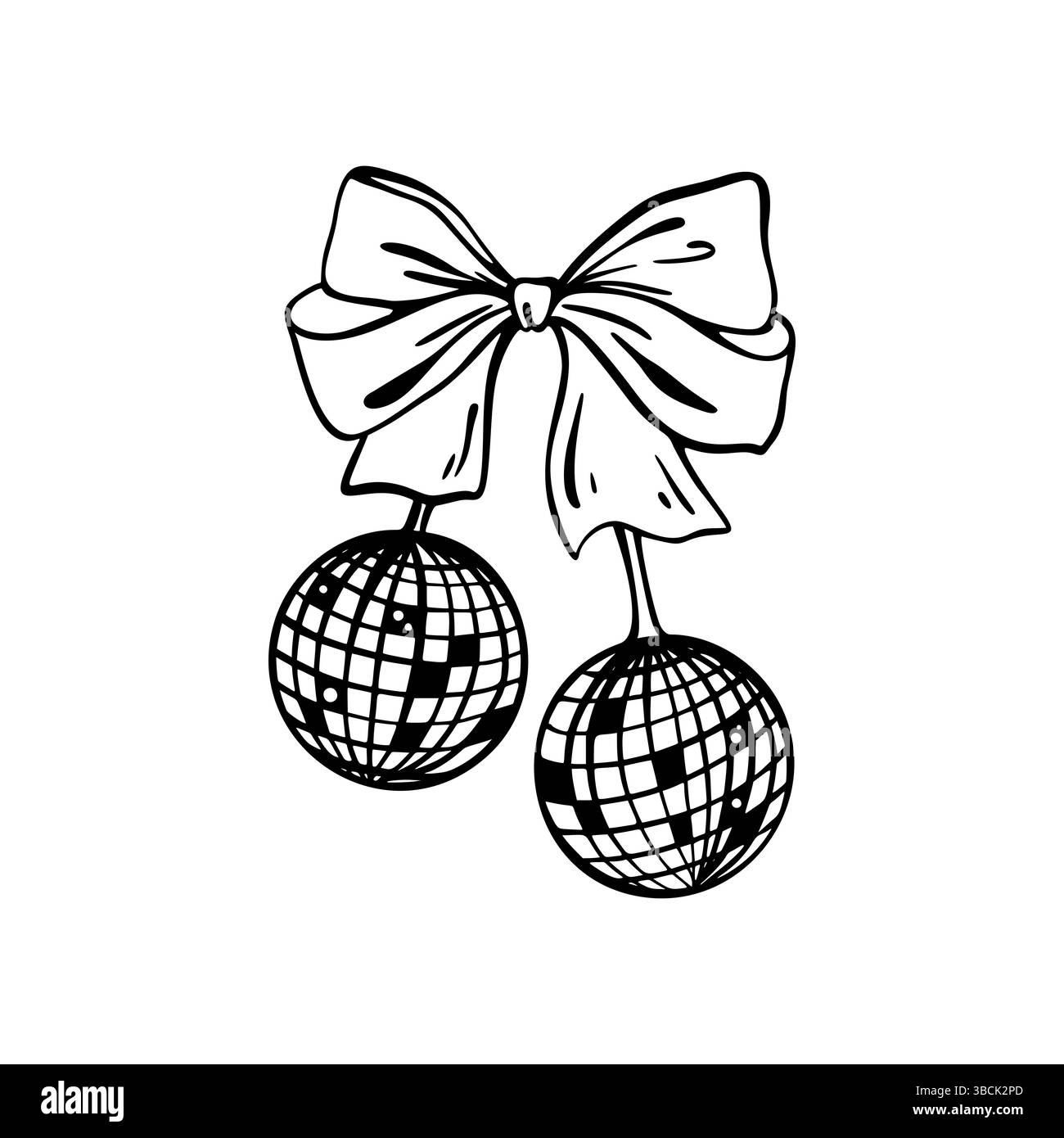 Palla da discoteca disegnata a mano con boodle e glitter ciliegini. Scrittura a mano di un'illusione vettoriale retrò coquette. Sfera da ballo a specchio. Stravagante nastro di fiocco. BA Illustrazione Vettoriale