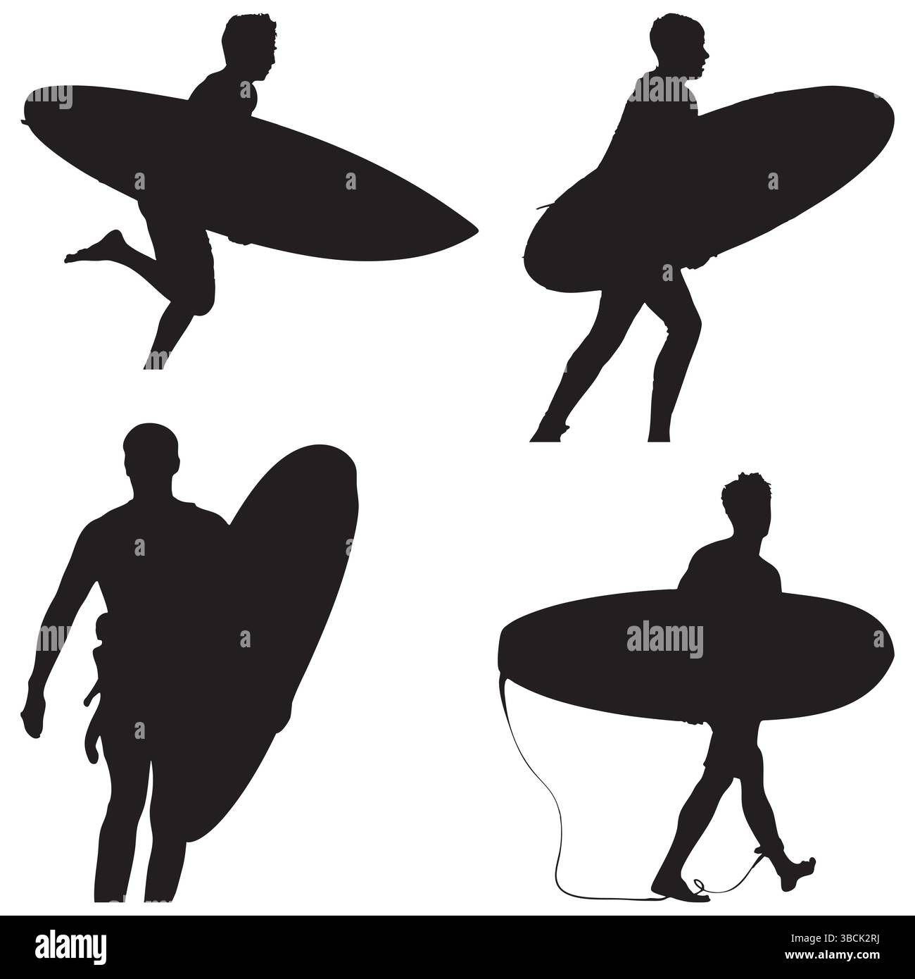 Quattro Surfers sagomati con tavole da surf camminando e correndo isolati sul bianco Illustrazione Vettoriale