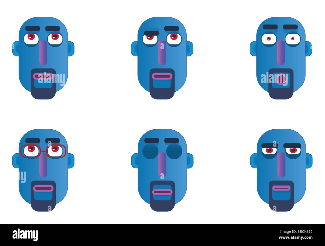 Espressioni vettoriali faccia maschio blu impostate isolate su sfondo bianco Illustrazione Vettoriale