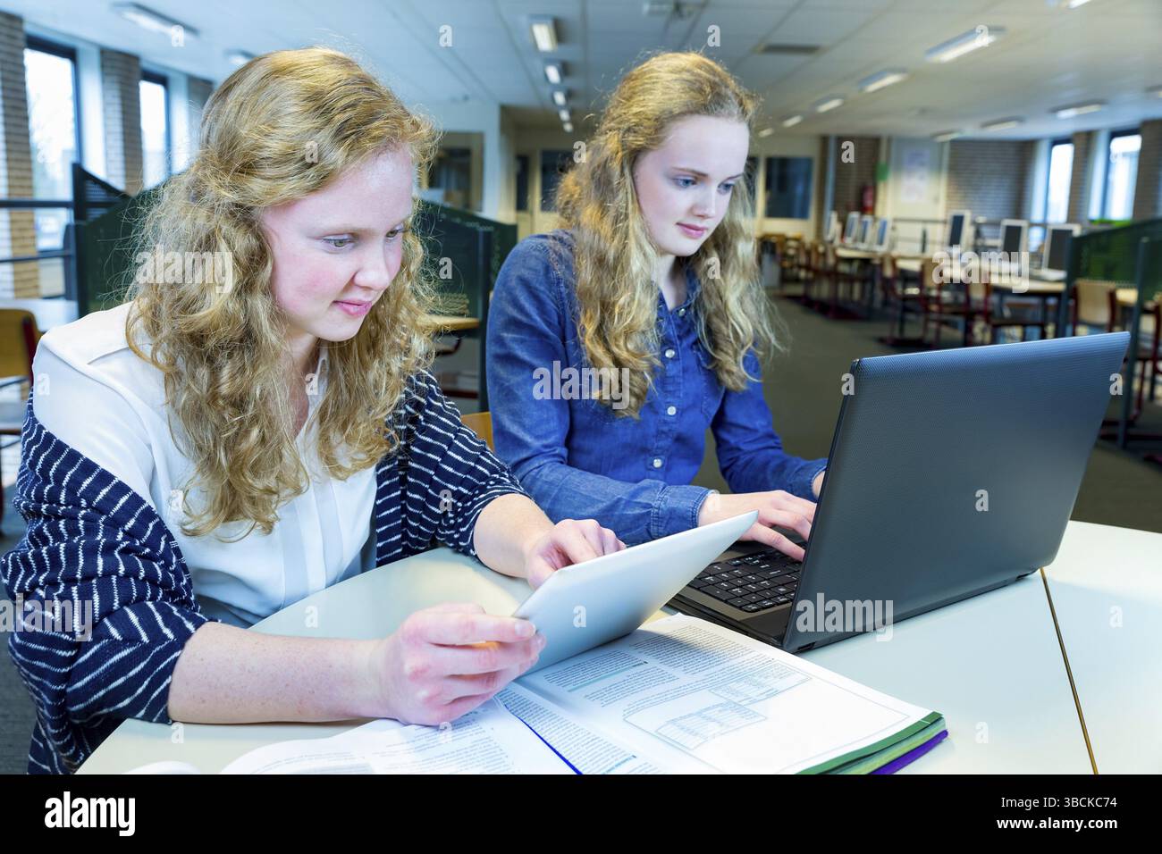 Due sorelle caucasici con capelli lunghi lavorando sul computer e tablet in aula computer Foto Stock