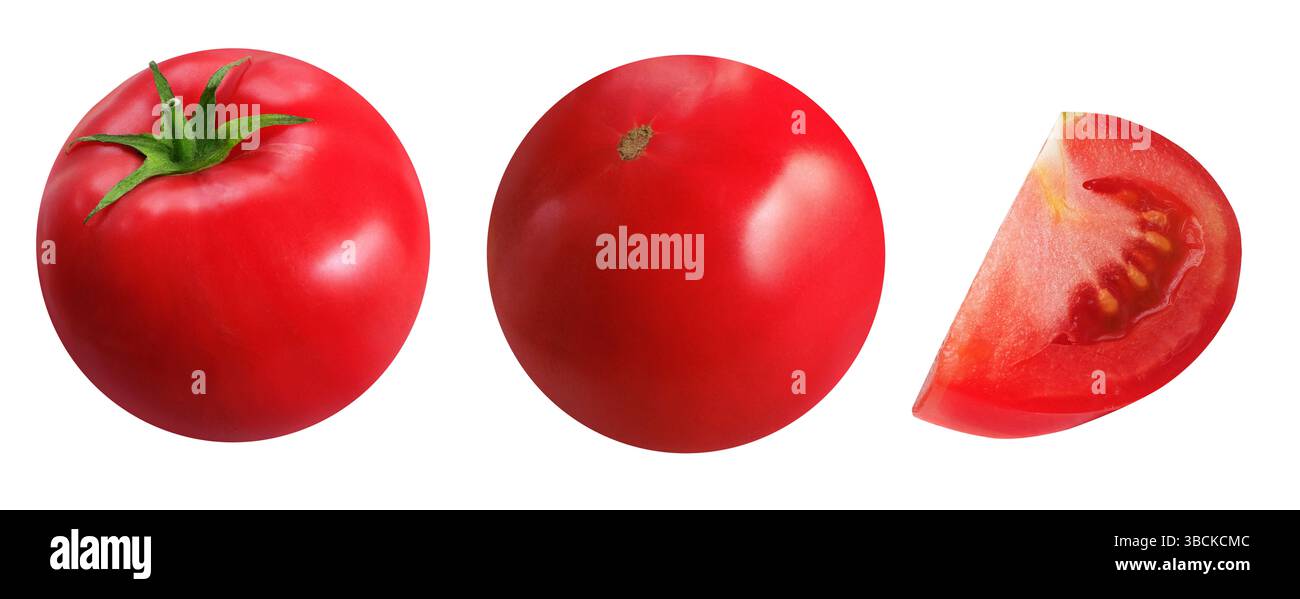 Raccolta di pomodori su sfondo bianco isolato. Pomodori interi e fette. Foto Stock